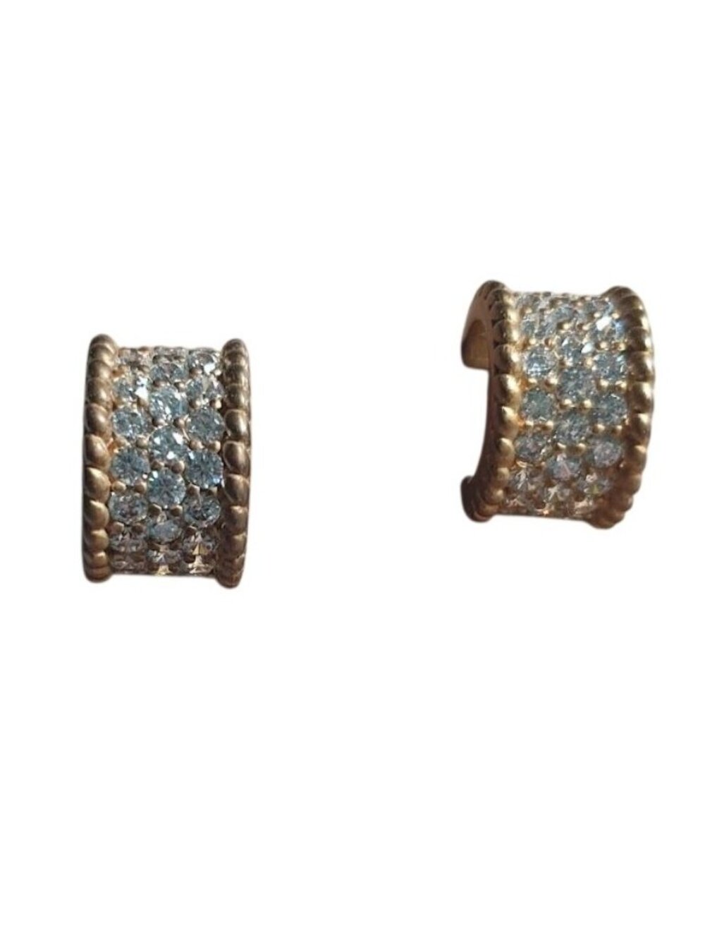 Gold Tone Clear Crystal Post Back Huggie Earrings Rope Edge Textured Bling Gift